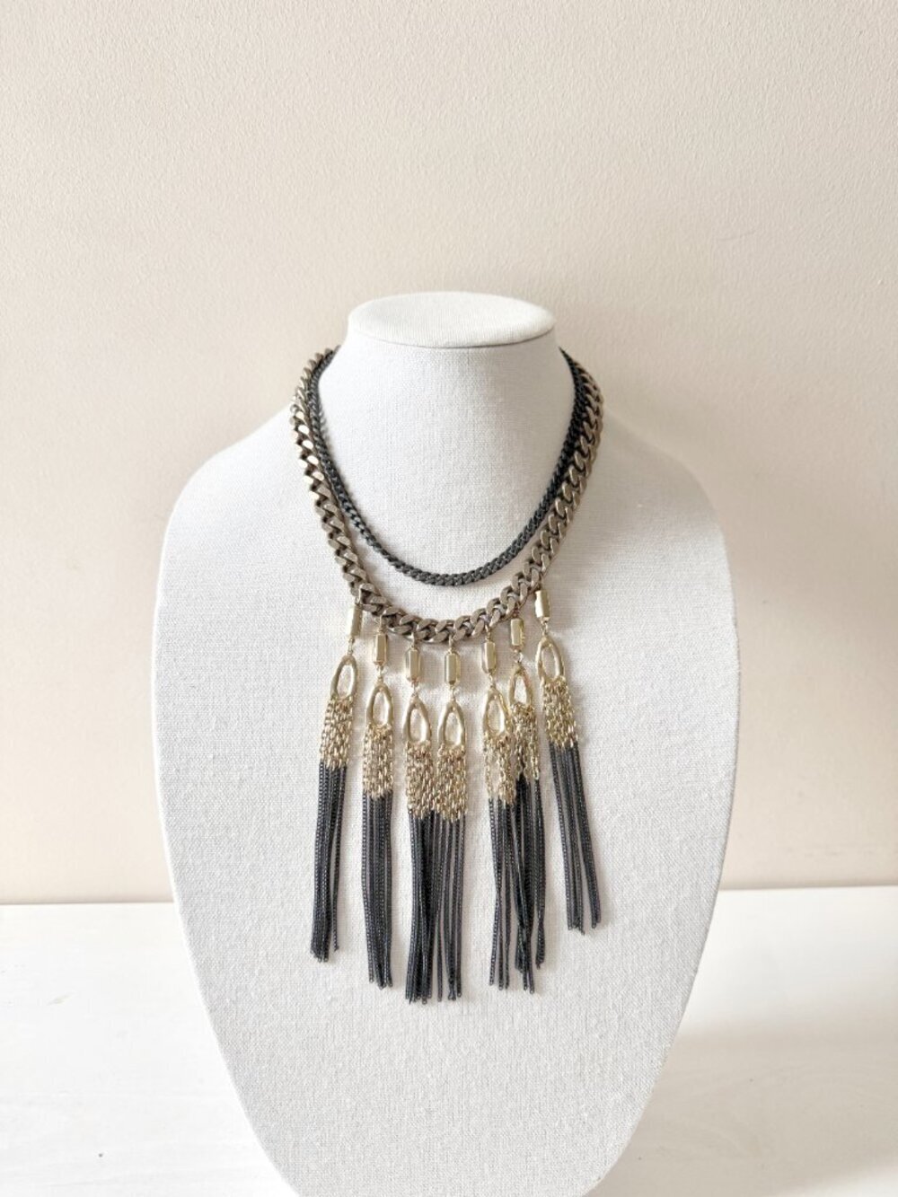 STELLA & DOT Lilith Bronze Black Curb Chain Gold Fringe Matinee Necklace